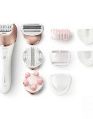Епилатор Philips Satinelle Prestige, wet&dry, за крака, тяло и лице, 8 аксесоара, безкабелен и акумулаторен, S-образна форма на дръжката BRE650/00