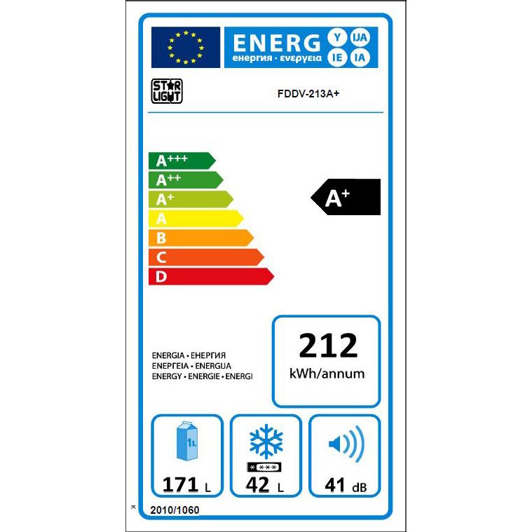 Хладилник с 2 врати Star-Light FDDV-213A+, 213 л, Клас A+, H 144 cм, Бял