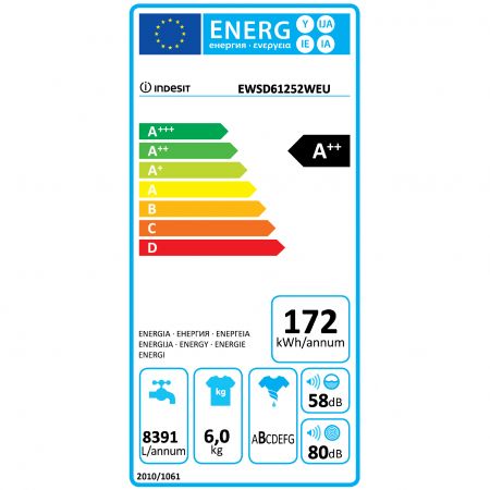 Пералня slim Indesit EWSD 61252 W EU, 6 кг, 1200 об/мин, Клас A++, Бяла