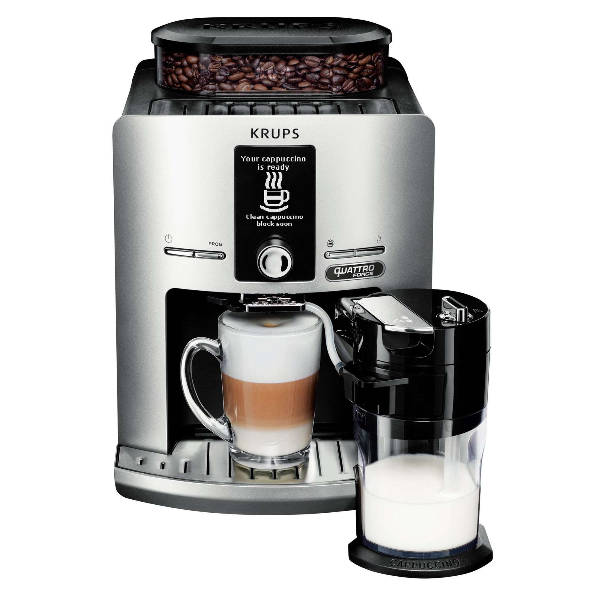 Еспресо машина Krups Latt'EspressSilver EA82FE10, Автоматична, 1450W, 15 бара, LCD, One-Touch-Cappuccino, 1.7 л, 6 вида напитки, Сребриста