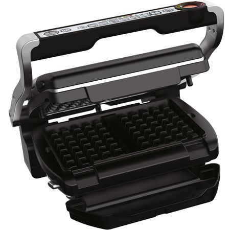 Електрическа скара Tefal Optigrill+ Wafles GC716D12, 2000W, 6 програми, Индикатор за нивото на готовност, Подвижни плочи, Аксесоари за гофрети, Черна