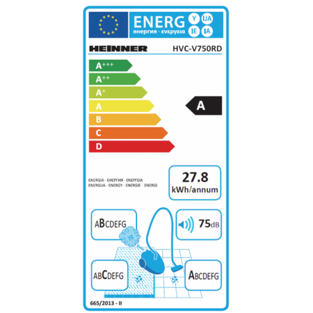 Прахосмукачка без торба Heinner HVC-V750RD, 750W, Контейнер от пластмаса 2.2L, Циклонен филтър, Двоен HEPA филтър 13, Сива / Червена