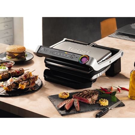 Ел. скара Tefal OptiGrill+ GC712D , 2000 W, 6 Авт. програми и индикатор, Светещ индикатор "готов за готвене", Площ за готвене: 30 x 20 см, Инокс/Черна