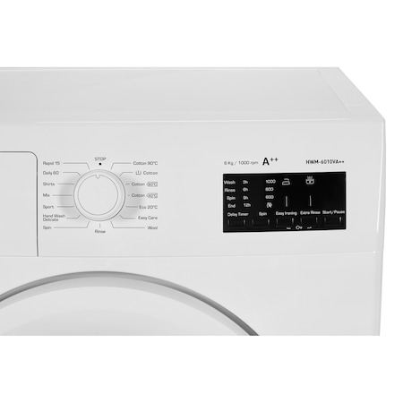 Пералня Heinner HWM-6010VA++, 6kg, 1000 об/мин, Клас A++, LED дисплей, Функция отложен старт, Система Eco Logic, 60 см, Бяла