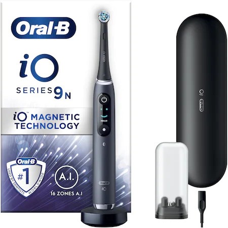 Ел. четка за зъби Oral-B iO9 с магнитни технологии и микровибрации, Изкуствен интелект, LED дисплей, Интелигентен сензор за натиск, Магнитно зарядно устройство, Комплект за пътуване със зарядно, Черен