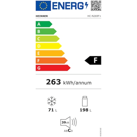 Хладилник с фризер Heinner HC-N269F+, 269 л, Клас F, Механичен контрол, H 180 см, Бял