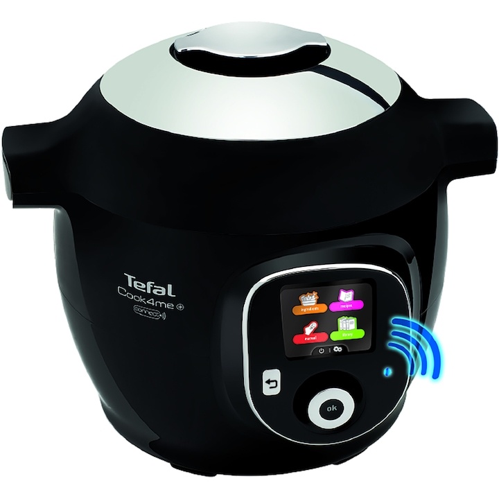 Мултикукър с готвене под налягане Tefal Cook4Me+ Connect CY855830, 6 режима на готвене, Инструкции стъпка по стъпка, 150 рецепти, Съвместимост със специално приложение, Вместимост 6 л, Тенджера с керамично покритие, Черен