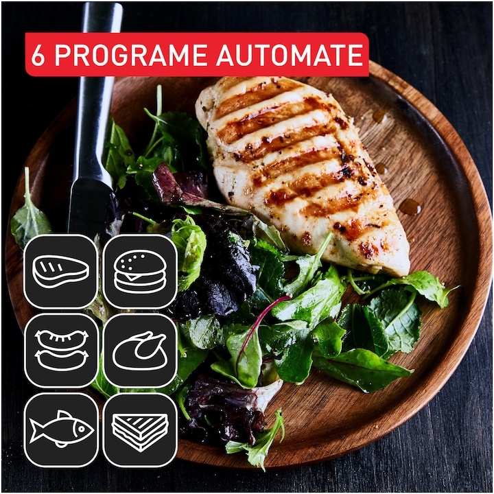 Електрическа скара Tefal OptiGrill+ GC717810, 2000W, 6 автоматични програми за готвене, Индикатор за готвене, Подвижни плочи с незалепващо покритие, Черен Електрическа скара Tefal OptiGrill+ GC717810, 2000W, 6 автоматични програми за готвене, Индикатор за готвене, Подвижни плочи с незалепващо покритие, Черен