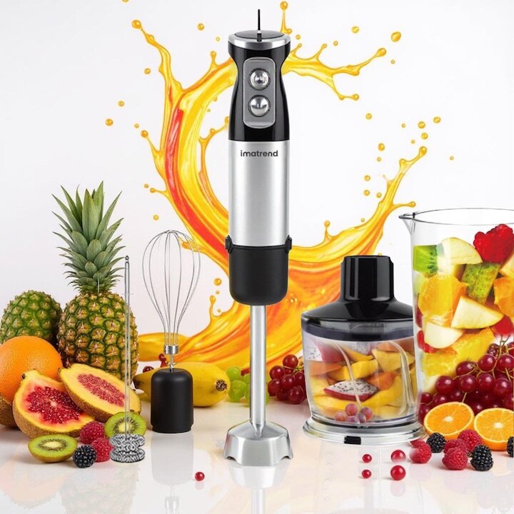Комплект Блендер 5 В 1, IMA Trend, 1000W Професионален Вертикален Миксер, Нож От Неръждаема Стомана, Безшумен Мотор, 12 Нива На Скорост, Turbo Функция, Чаша 600 Ml, Чопър 500 Ml, Миксер, Аксесоар За Разпенване На Мляко, Мултифункционален, Черен