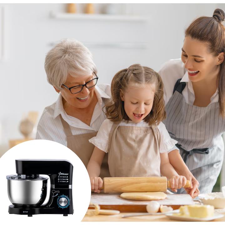 Кухненски робот STARCREST SKM-1500BK, 1500W, Купа 5.5 L Inox, 5 Аксесоара, 6 Скорости - Pulse, Метални зъбни колела, Черен - Inox Кухненски робот STARCREST SKM-1500BK, 1500W, Купа 5.5 L Inox, 5 Аксесоара, 6 Скорости - Pulse, Метални зъбни колела, Черен - Inox