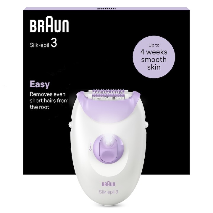 Епилатор Braun Silk-epil 3 3-000, MicroGrip, Smart Light, 20 пинсети, 2 скорости, Лилав