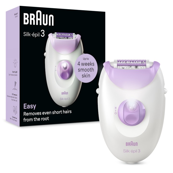 Епилатор Braun Silk-epil 3 3-000, MicroGrip, Smart Light, 20 пинсети, 2 скорости, Лилав