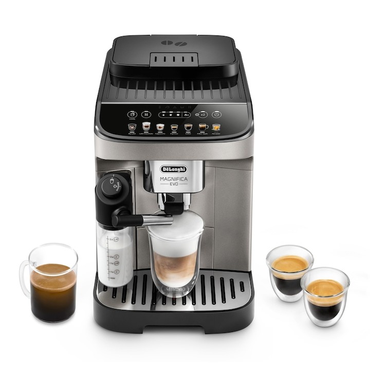 Кафеавтомат De'Longhi Magnifica Evo ECAM 290.81.TB, Гарафа за мляко със система LatteCrema, 15 bar, 1450 W, 1,8 л, Черен/Сребрист