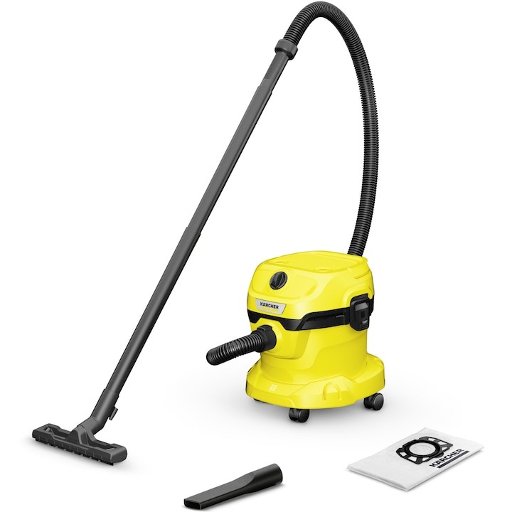 Прахосмукачка за мокро-сухо почистване Karcher WD 2 Plus V-12/4/18, 1000 W, контейнер 12 л, маркуч 1,8 м, функция за издухване, филтърна торба, 1.628-000.0, жълт/черен