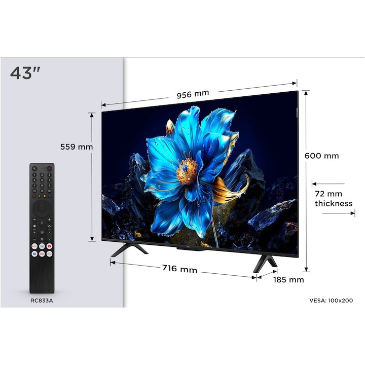 Телевизор TCL QLED 43P7K, 43" (108 см), Smart Google TV, 4K Ultra HD, Клас F