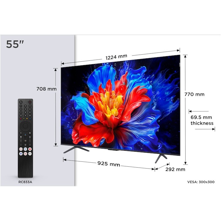 Телевизор TCL QLED 55P8K, 55" (139 см), Smart Google TV, 4K Ultra HD, 100Hz, Клас F