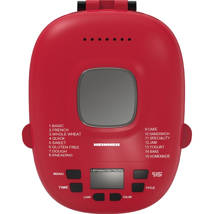 Хлебопекарна Heinner PastryChef 550 HBM-915BKR, 550W, капацитет 700-900g, 15 програми, черно/червено Хлебопекарна Heinner PastryChef 550 HBM-915BKR, 550W, капацитет 700-900g, 15 програми, черно/червено