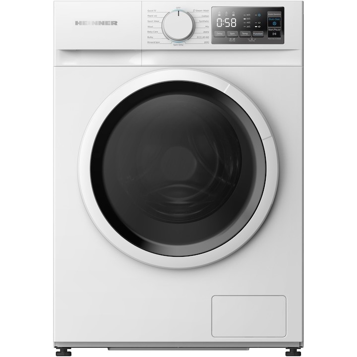Пералня slim Heinner HWM-M814IVSMNA+++, 8 кг, 1400 об/мин, Клас A, Инверторен мотор, Цифров дисплей, Бърза програма 15 мин, Програма за пране с пара, Baby care, Предпране, Функция за почистване на барабана, Функция за добавяне на пране, Бял