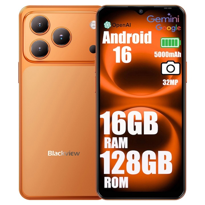 Смартфон Blackview Wave 7C, Android 16, 16GB+128GB（2TB TF), 6.56"HD+ IPS, 32MP+13MP, Unisoc Tiger T310, 5000mAh/IP54/WiFi 5G/Face ID/2 SIM, оранжев
